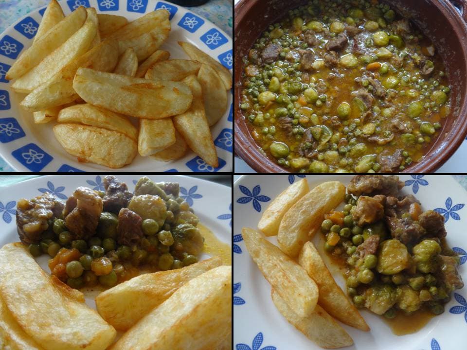 Paletilla de cordero con guisantes y coles de bruselas